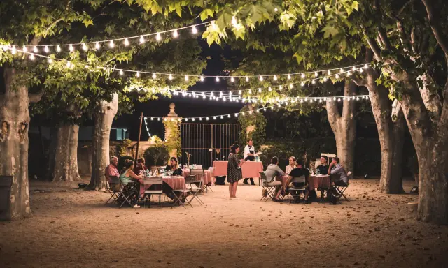 Soirée d'été en Provence sous les guirlandes lumineuses. Un dîner en plein air, parfait pour l'agenda des manifestations en Provence.