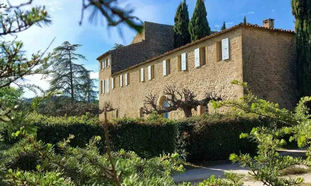 Le **château Saint-Pierre de Mejannes** se dresse, baigné de soleil, derrière une haie taillée et des branches de pin.