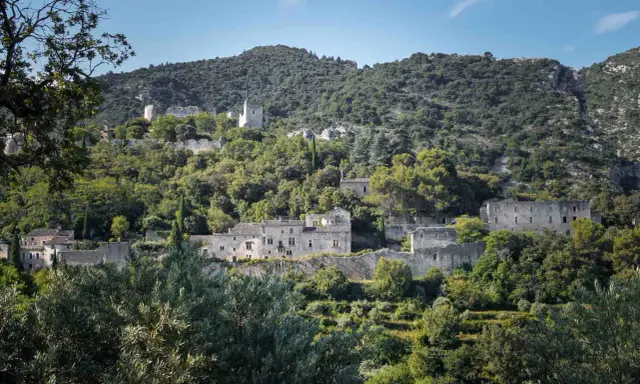 Vestiges de l'oppidum le Vieux, un village perché sur une colline verdoyante, baigné de soleil.