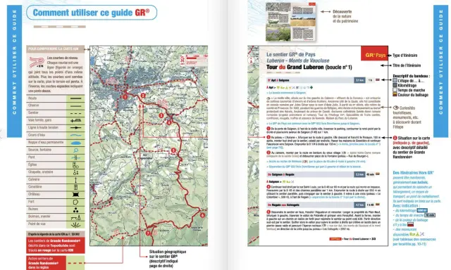 Carte touristique du Vaucluse : le GR® du Luberon, ses étapes, kilométrages et curiosités.
