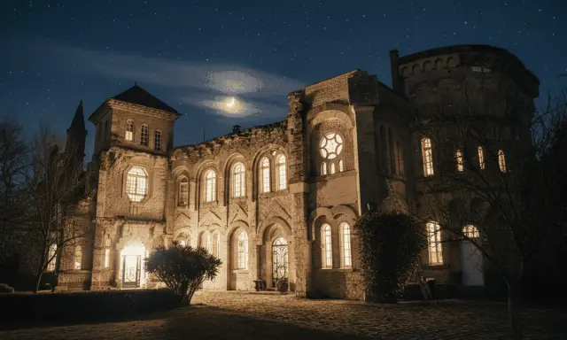 Un château illuminé sous un ciel étoilé et une lune croissante. Les fenêtres brillent, invitant à découvrir les mystères des nuits du château.