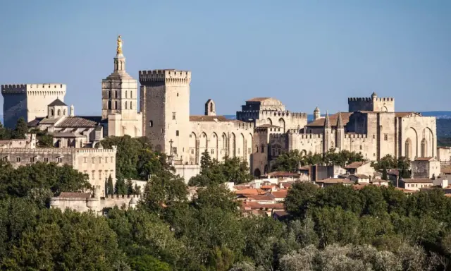 Vue panoramique de la cité des papes, avec le Palais des Papes imposant et ses tours crénelées, baignée de soleil.