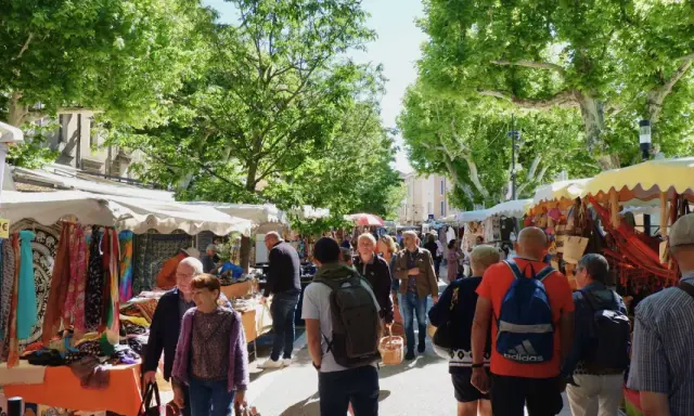 Ambiance animée au marché de Vaison-la-Romaine, avec des étals colorés de tissus et d'artisanat sous les platanes.
