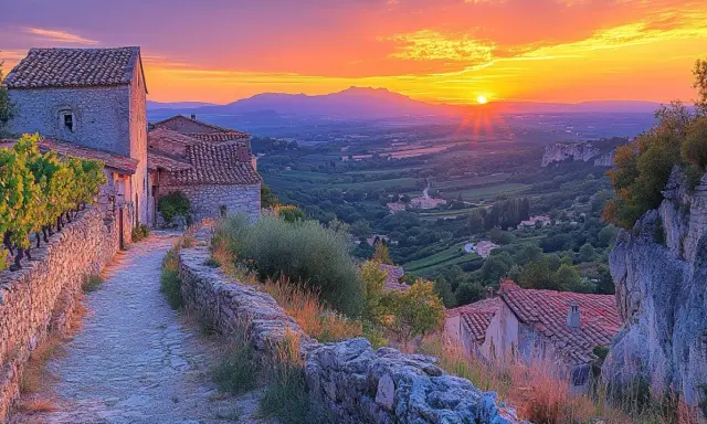 Coucher de soleil sur un village perché de Saignon, France. La lumière dorée baigne les maisons de pierre et la vallée verdoyante.