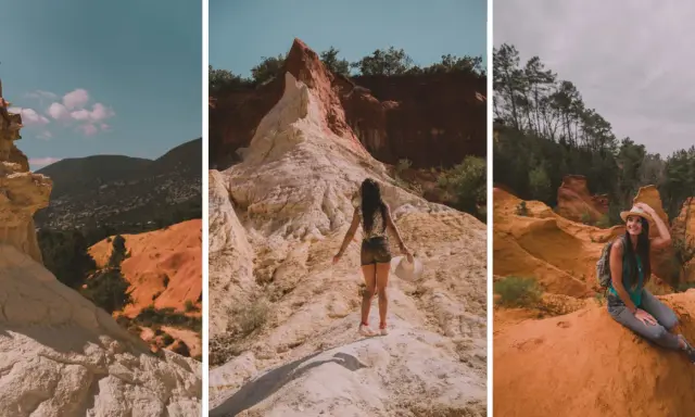 Trois femmes profitent du sentier des ocres, un paysage coloré rappelant le Colorado provençal, avec ses formations rocheuses aux teintes ocre et rouge.