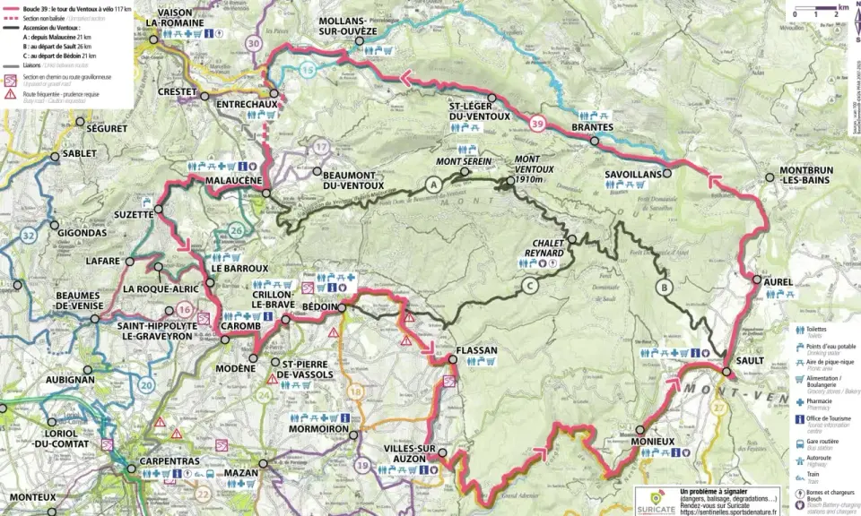 Carte du tour du Mont Ventoux à vélo, avec les villages, routes et dénivelés.