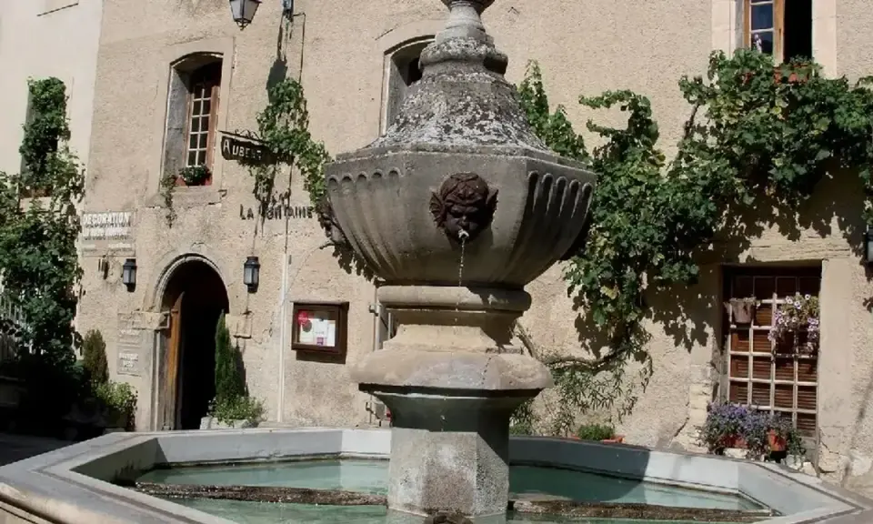 Fontaine en pierre avec des têtes de gargouilles à Venasque, Vaucluse. L'eau coule doucement dans le bassin, entouré de végétation luxuriante.