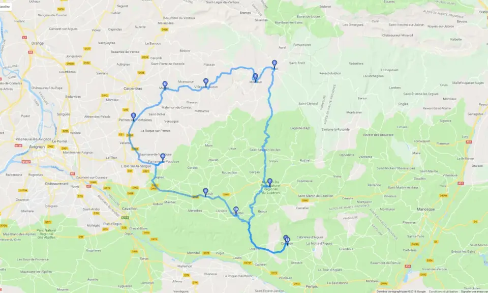 Carte Google montrant un itinéraire en voiture à travers les Gorges de la Nesque, avec des points d'intérêt comme Sault et Gordes.