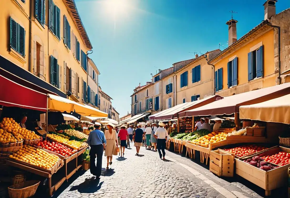 Ambiance animée au marché de Lourmarin, avec des étals colorés de fruits et légumes sous le soleil provençal.