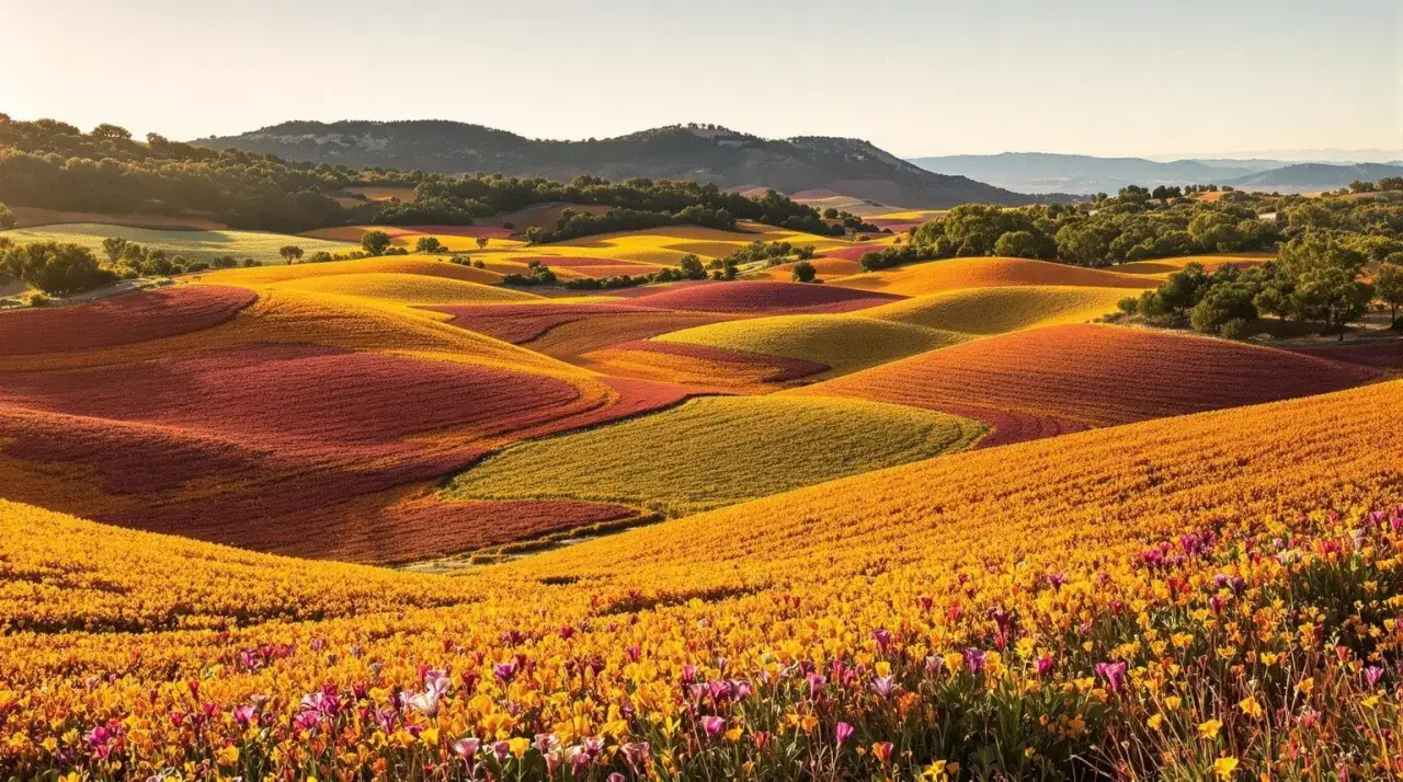 Paysage vallonn&eacute; aux couleurs vives, &eacute;voquant les ocres de Provence. Des champs de fleurs jaunes et rouges s'&eacute;tendent &agrave; perte de vue sous un ciel clair.