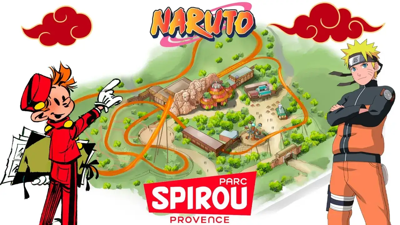 Le parc Spirou Provence présente une carte du monde de Naruto, avec Naruto Uzumaki et Spirou.