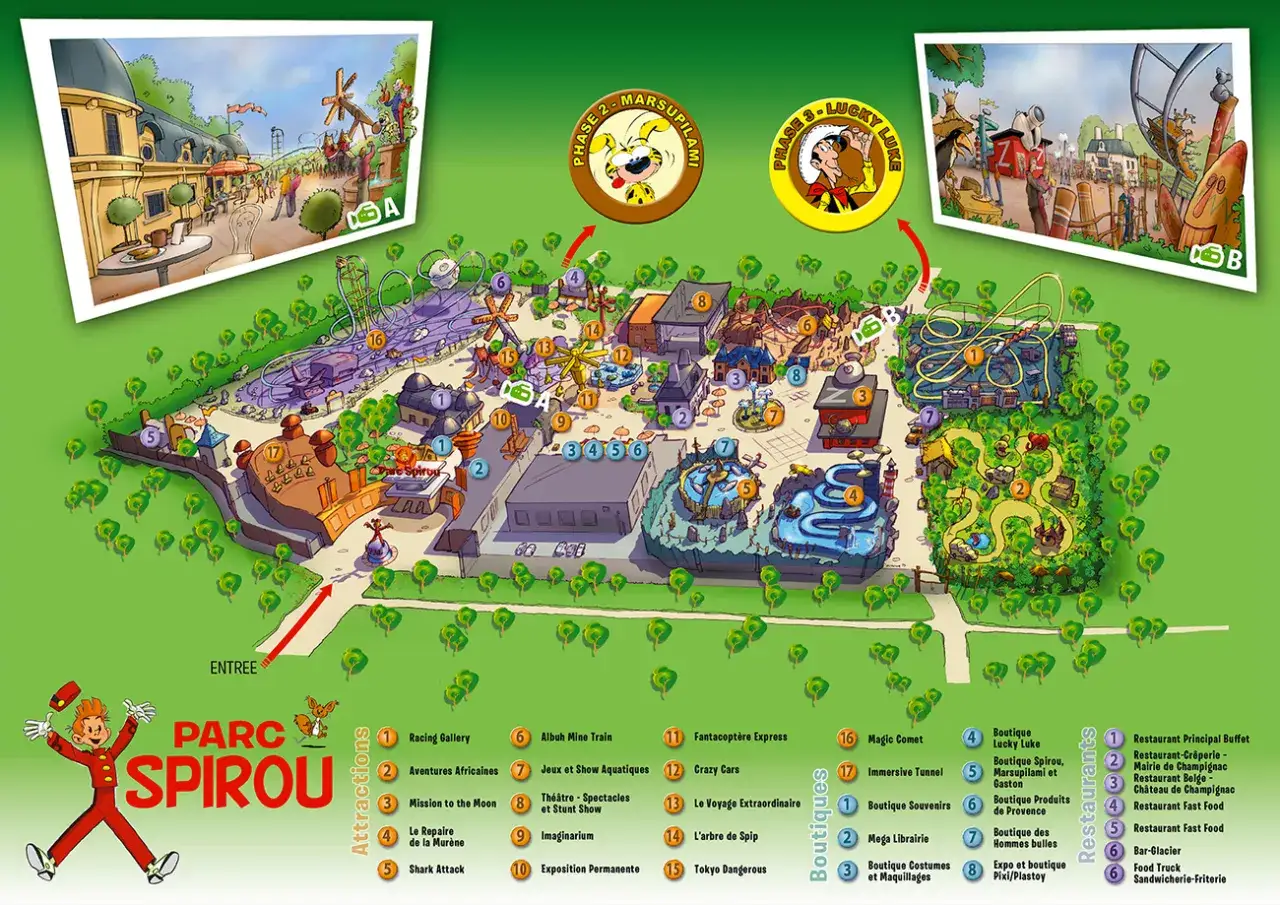 Plan du Parc Spirou avec attractions et boutiques. Combien de temps pour faire le parc Spirou ? Ce plan détaillé aide à organiser la visite.
