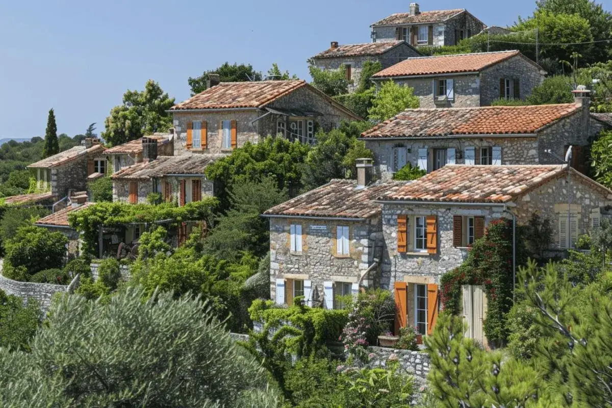 Maison de pierre typique &agrave; M&eacute;nerbes, France, avec volets orange et v&eacute;g&eacute;tation luxuriante.