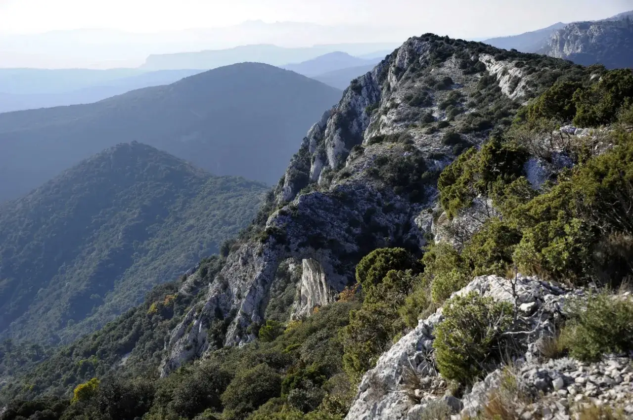 Vue spectaculaire des montagnes environnantes lors d'une randonn&eacute;e &agrave; Bonnieux. Le sentier serpente sur un flanc rocheux couvert de v&eacute;g&eacute;tation m&eacute;diterran&eacute;enne.