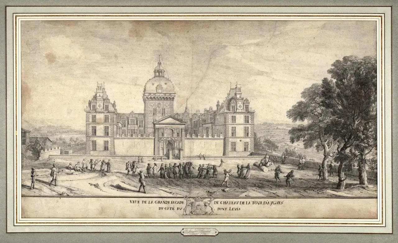 Vue de la grande façade du château de la Tour d'Aigues, avec des personnages se promenant sur le parvis.