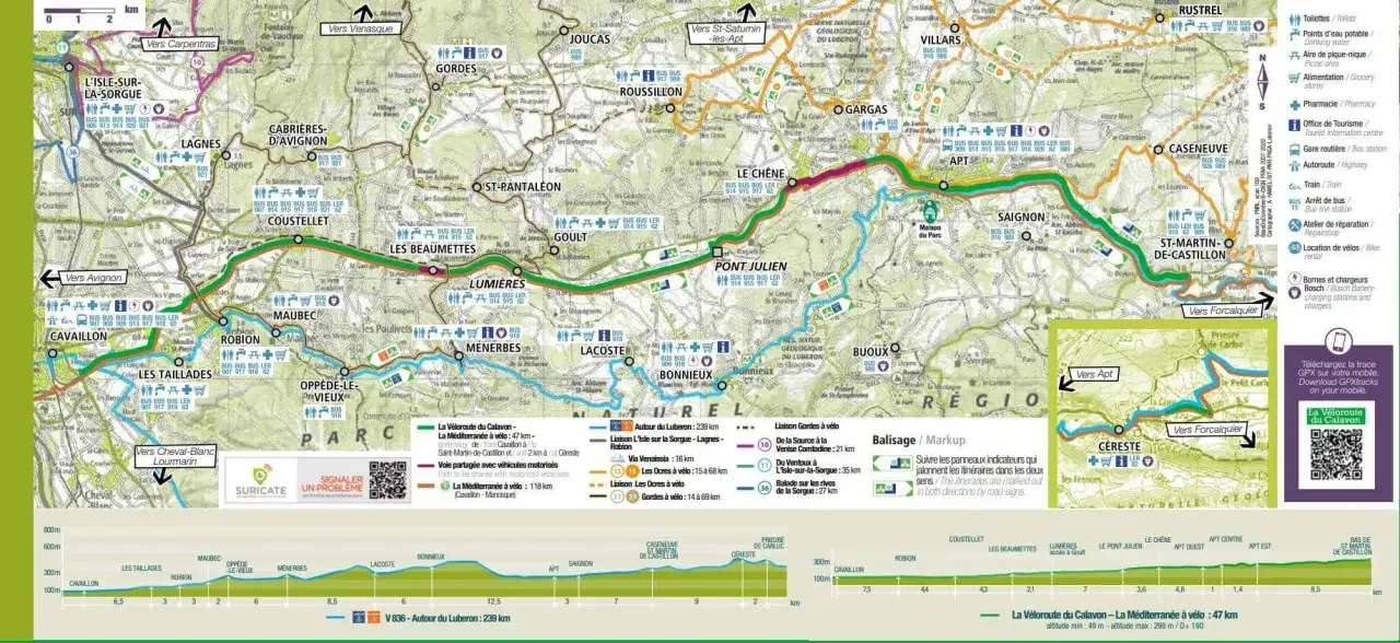 Carte de la v&eacute;loroute du Calavon, un itin&eacute;raire cyclable traversant le Luberon avec des indications de distance et de d&eacute;nivel&eacute;.