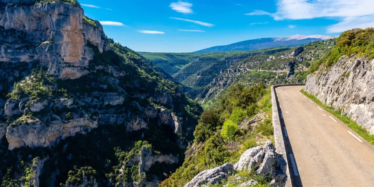 Vue panoramique des gorges de la Nesque, une route sinueuse longeant des falaises abruptes et une vallée verdoyante sous un ciel bleu.
