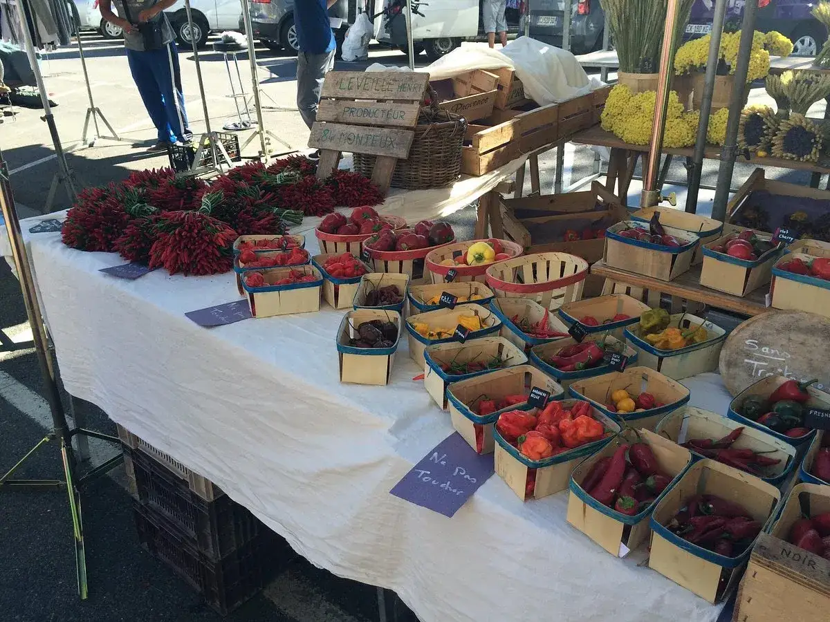 Au march&eacute; de Carpentras, des piments rouges vifs et des poivrons color&eacute;s sont pr&eacute;sent&eacute;s dans des paniers en bois. Un panneau indique 