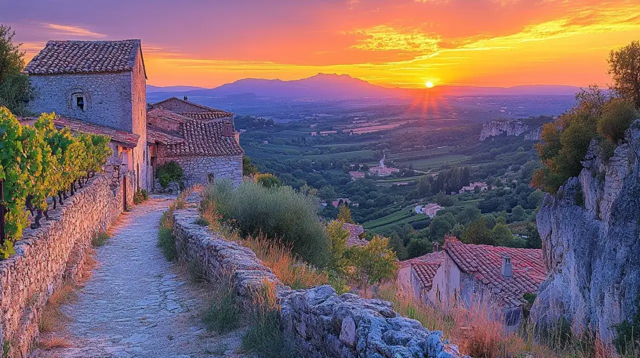 Coucher de soleil sur un village perch&eacute; de Saignon, France. La lumi&egrave;re dor&eacute;e embrase les maisons de pierre et la vall&eacute;e verdoyante.
