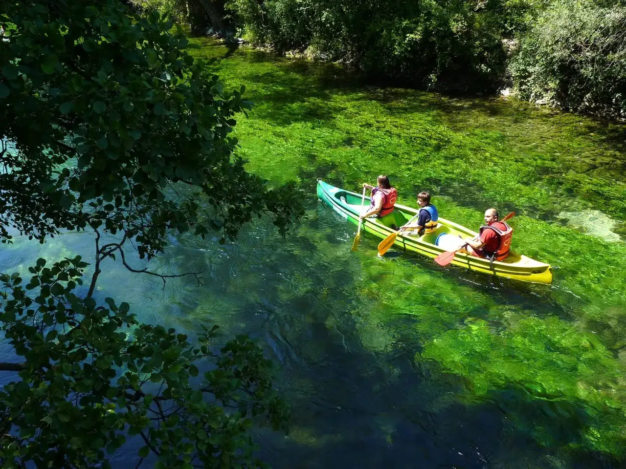 Une famille profite d'une balade en bateau sur la Sorgue &agrave; L'Isle-sur-la-Sorgue, naviguant sur des eaux cristallines bord&eacute;es de verdure luxuriante.