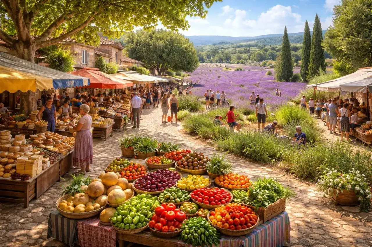 March&eacute; proven&ccedil;al anim&eacute; avec &eacute;tals de fruits et l&eacute;gumes color&eacute;s, devant un champ de lavande. L'agenda des manifestations en Provence est bien rempli !