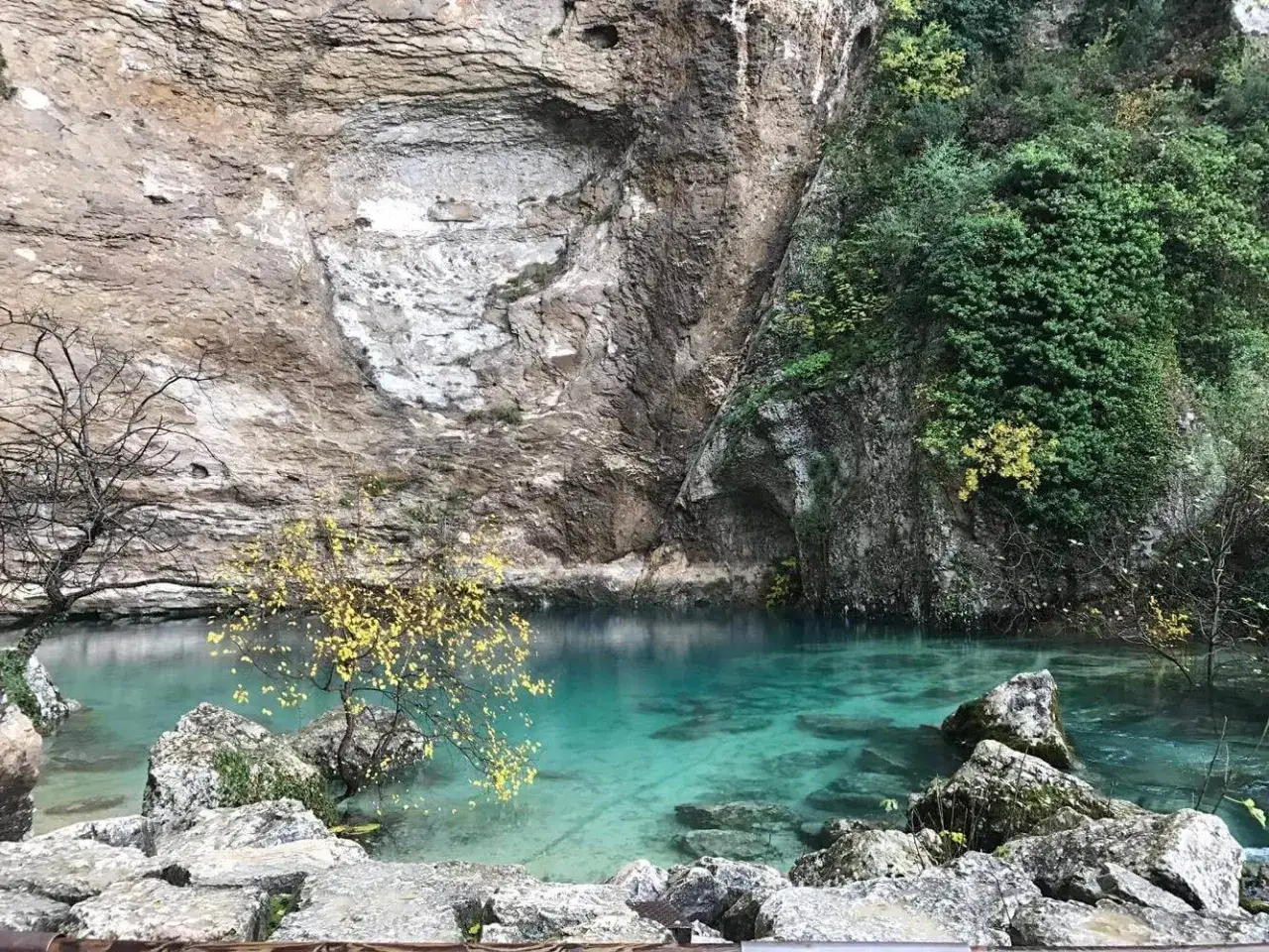 La fontaine de Vaucluse dévoile ses eaux turquoise limpides, nichées au creux d'une falaise rocheuse verdoyante. Un spectacle naturel saisissant.