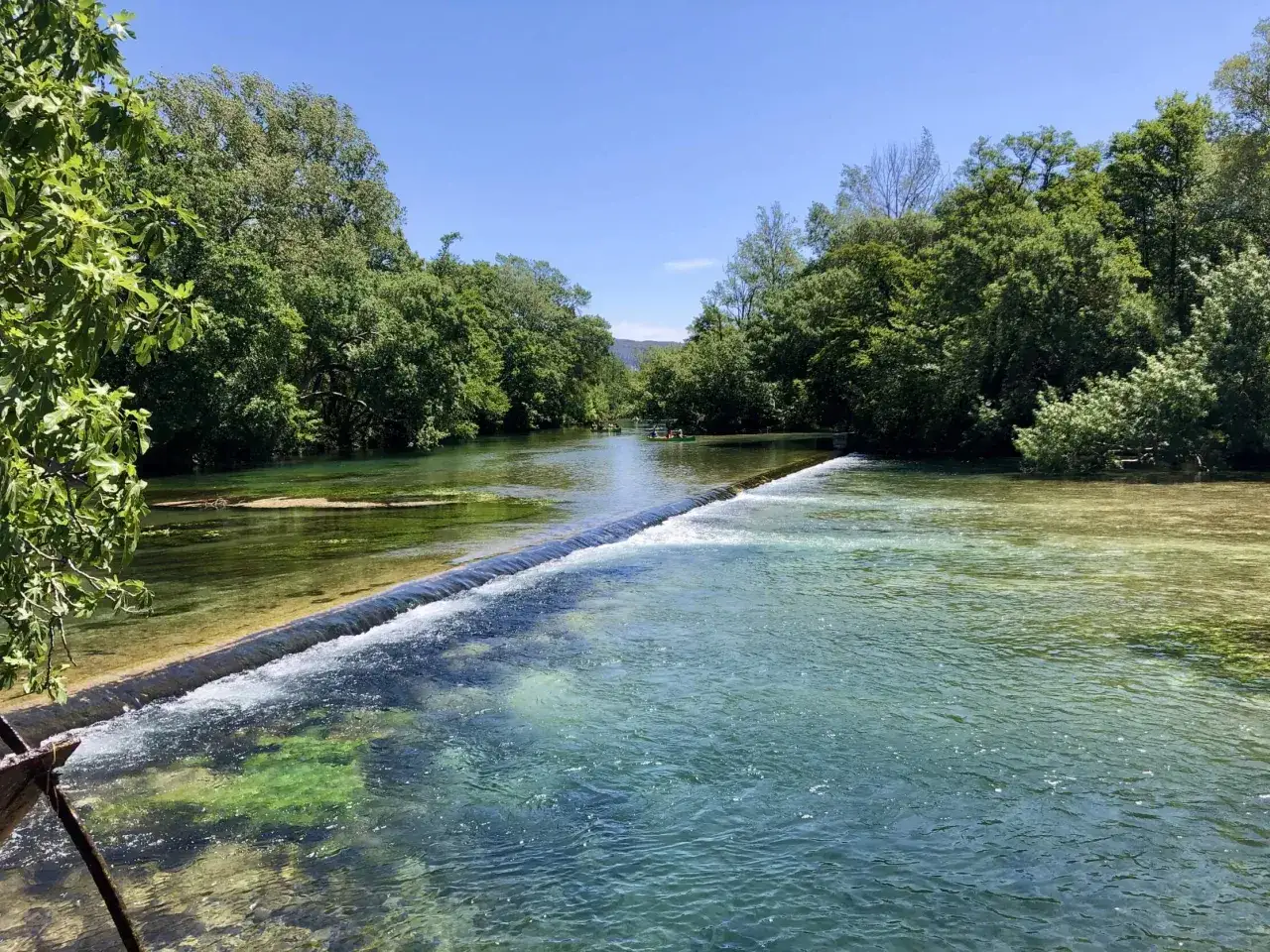 La Sorgue &agrave; L'Isle-sur-la-Sorgue, un lieu id&eacute;al pour la baignade. Des cano&euml;s naviguent sur l'eau claire, entour&eacute;s par la verdure luxuriante.