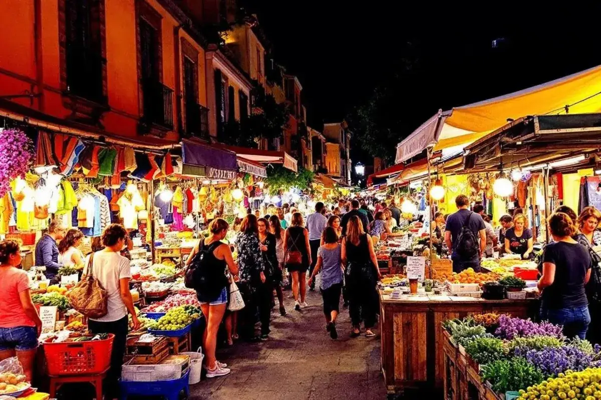 Ambiance animée au marché le Thor, nuit éclairée par des guirlandes, étals de fruits, légumes et vêtements colorés.