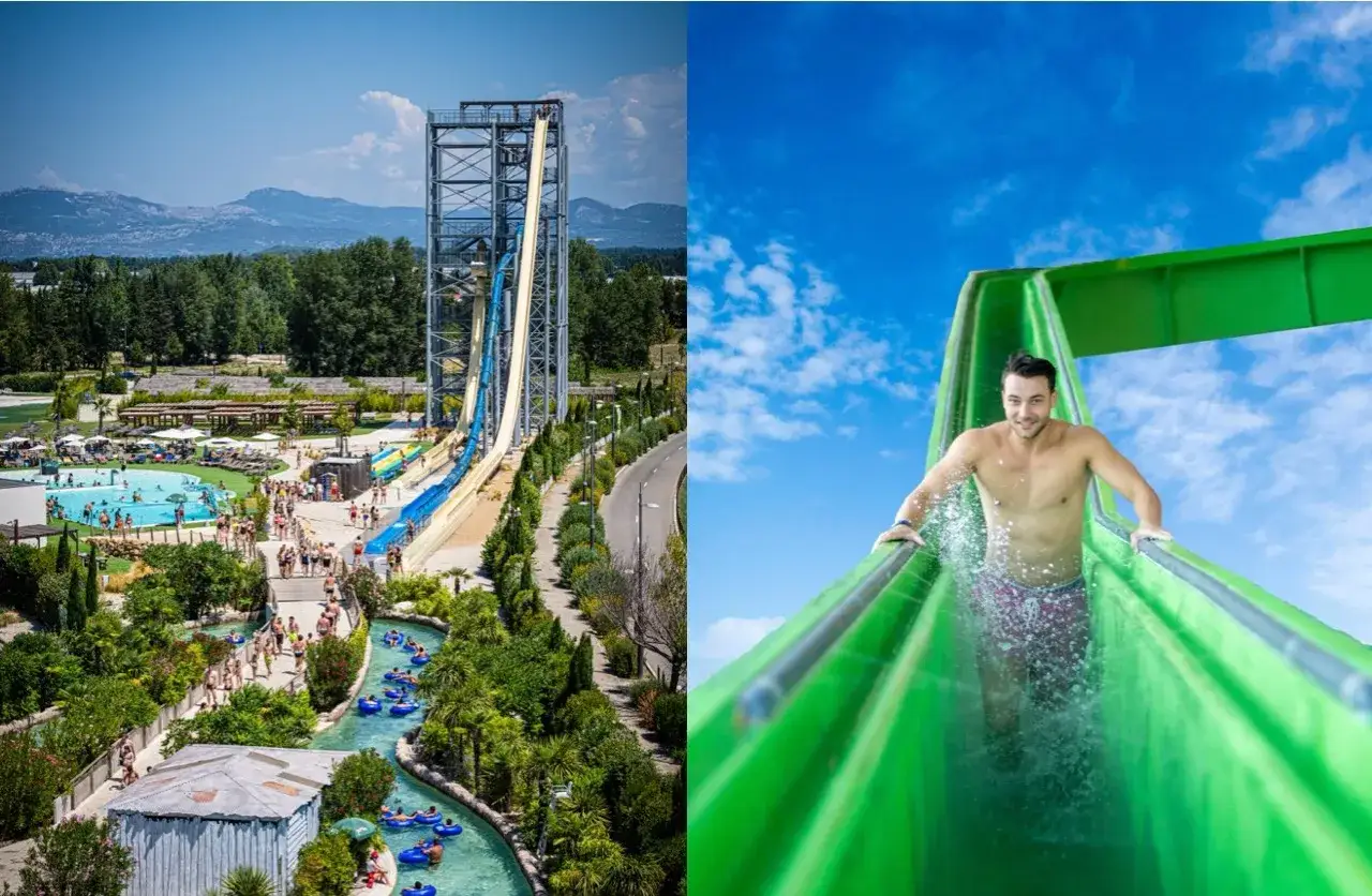 Amusement dans le parc aquatique de Monteux : toboggans g&eacute;ants, rivi&egrave;re lente et baignade sous un ciel bleu &eacute;clatant.
