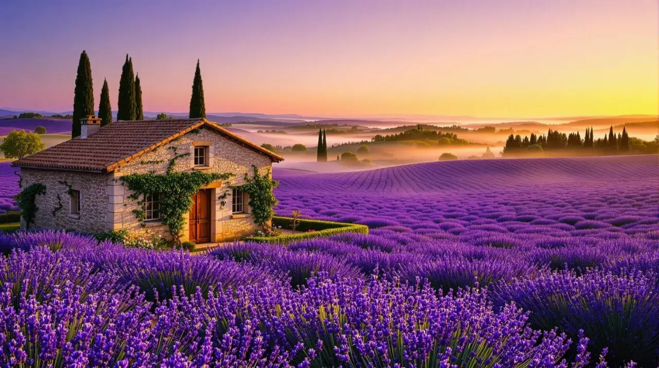 Maison de pierre au milieu d'un champ de floraison lavande, au lever du soleil. Paysage de Provence.