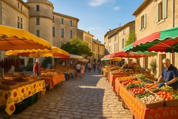 Gordes marché animé, étals colorés de fruits et légumes sous le soleil provençal.