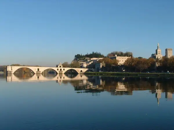 Le pont d'Avignon se reflète dans le Rhône, avec le Palais des Papes et l'île de la Barthelasse en arrière-plan.