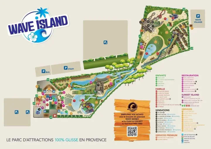 Plan du parc aquatique Wave Island, avec ses attractions, restaurants et services. Un paradis de glisse en Provence.