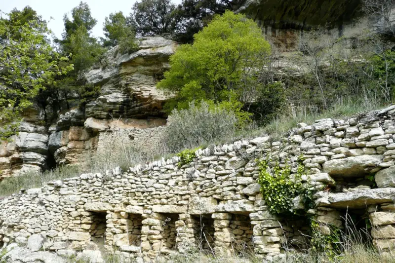 Vestiges d'une ancienne ville de murs en pierre, intégrée à une falaise rocheuse, avec végétation luxuriante.
