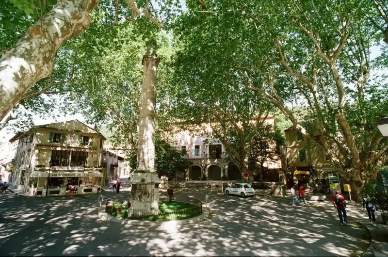 La colonne fontaine de Vaucluse, un monument imposant, se dresse au centre d'une place ombragée par de grands arbres. Des bâtiments anciens bordent la place, dont un bar-restaurant.