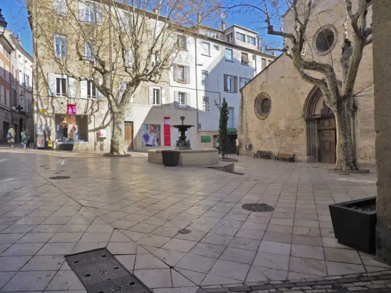 Place de l'église Saint-Sauveur à Manosque, avec sa fontaine et ses platanes dénudés.